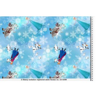 Baumwoll Jersey Stoff Frozen Anna & Elsa hellblau Olaf & Sven mit Eisblumen Digital Druck